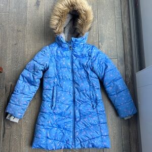 Girls landsend Blue Star Patterned Puffer Coat with Fur Hood